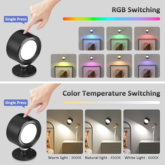 Lightbiz LED Wall Lights 3 Pcs with Remote, RGB Ambience Wall Sconces Lamp 3000mAh Rechargeable Battery Operated, 3 Color Temp & Dimmable Magnetic 360° Rotation Cordless Light for Living Room Bedside