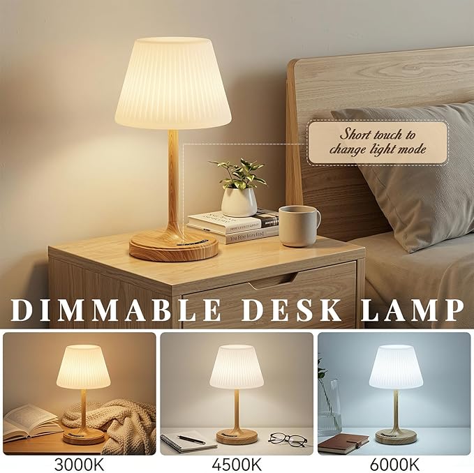 Cordless Table Lamp, Waterproof Shower Lamp, 4000mAh Rechargeable Table Lamps, 3-Color Dimmable Touch Light, Battery Operated Lamp Small Night Desk Lamp for Bathroom Kitchen Bedroom Patio (Wood Grain)