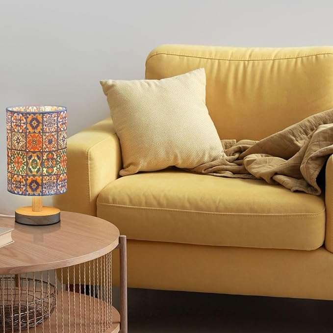 Mexican Tile Patterns Colorful Ethnic Bedside Table Lamps with USB Port for Bedroom Lamp Accent Table Lamp Small Nightstand Lamp Sturdy Linen Shade Wooden Base Decorative Lamps for Kids|Dorm|Home