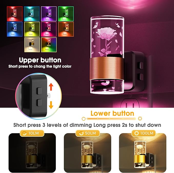 L LOHAS LED Night Lights Plug into Wall, Color Changing Night Light with Rose Carved, Dusk to Dawn Light Sensor and Adjustable Brightness, Elegant Design Night Light for Birthday, 2 Pack