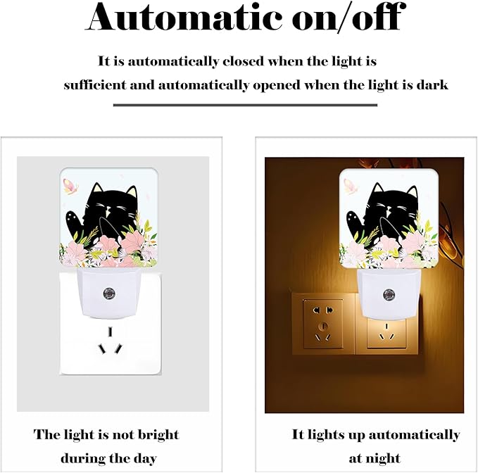 Black Cat and Flowers Night Light,Plug Into Wall for Boys Girls Bedroom Decorative Square Night Light Lamp 0.5w Sleep Friendly