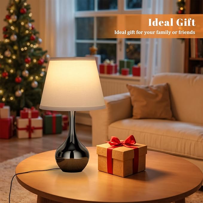 Seealle Touch Table Lamp for Bedroom, 3-Way Dimmable Small Bedside Lamps for Night Stands with Wires, Pearl-Black Desk Lamp for Kids Room, Office, Living Room, End Table(LED Bulb Included)