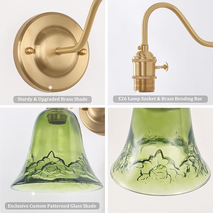 Battery Operated Wall Sconce Set of 2, Vintage Rechargeable Wall Lights with Green Morning Glory Glass Shade, Wireless Indoor Wall Lamp with Remote for Bedroom Living Room Bathroom