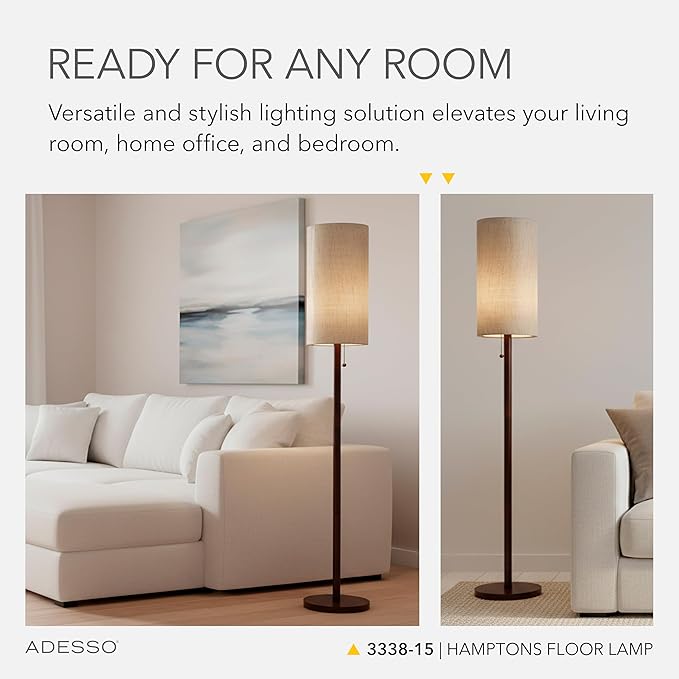 Adesso Floor Lamp with Walnut Wood Finish and Beige Linen Lampshade – Mid-Century Modern Bedroom, Home Office Lighting, or Living Room Decor, 65” x 16”