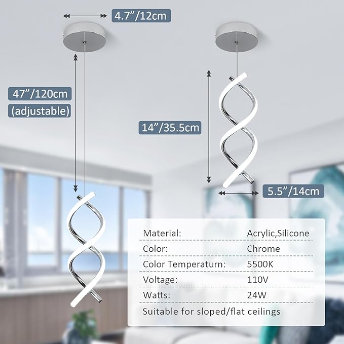 CANEOE Spiral Led Pendant Light Fixture,15W Cold White Light Modern Integrated LED Hanging Lamp, Adjustable Island Light Fixture for Living Room Bedroom Kitchen Sink, 1 Pack (Chrome)