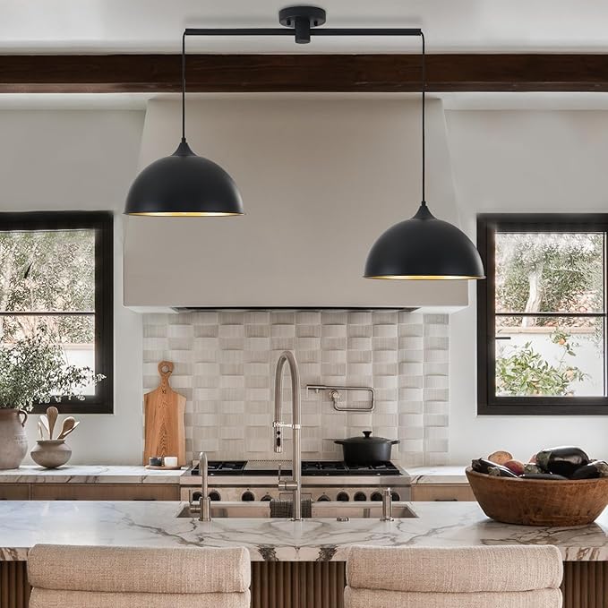 Pendant Lights Kitchen Island, 2-Pack Dome Pendant Light Black and Gold Light Fixtures Industrial Vintage Hanging Pendant Lighting for Farmhouse Dining Room Restaurant Cafe Entryway