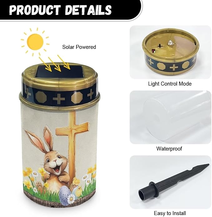 Rabbit and Cross Solar Grave Lights for Cemetery Flameless Solar Powered Light for Prayer Waterproof Cemetery Solar Lights for Grave Cemetery Easter Decor Candle Lamp