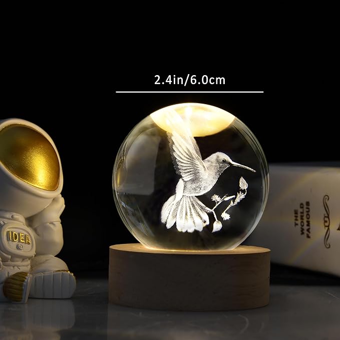 3D Laser Engraved Bird Crystal Ball with LED Stand, 60mm Hummingbird Figurine Lamp Night Light, Glass Hummingbird Globe Paperweight Gift