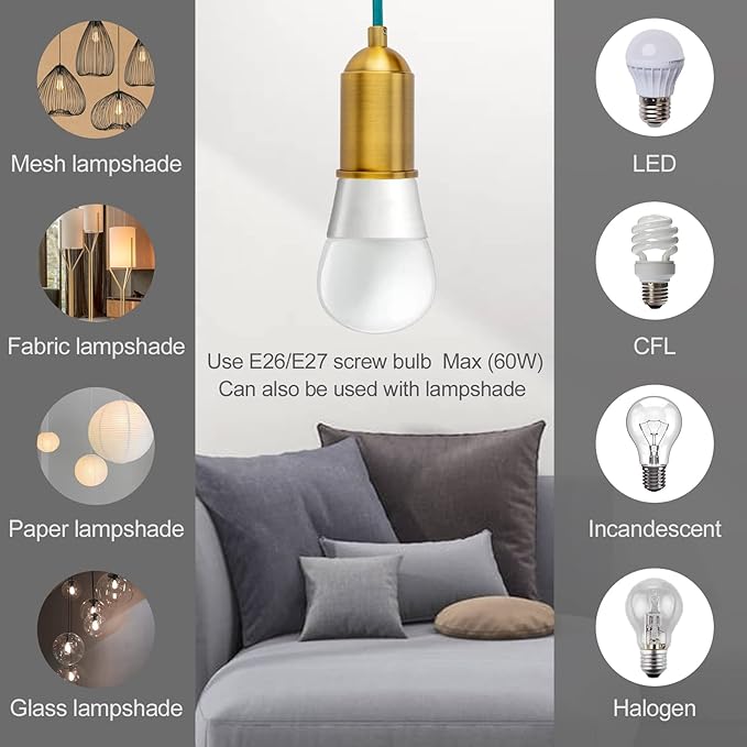 Hanging Light with Plug in Pendant Kit Cord Rope Lamp Bulb Socket Teal Exposed Lantern Fabric Cloth Switch Fixture with Braided Cords Industrial Porcelain Gold Holder DIY Swag Lighting 15ft 2 Set