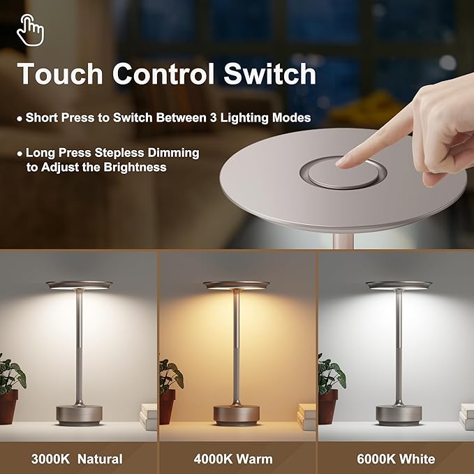 2 Pack Rechargeable Cordless Table Lamps, 5000mAh Portable LED Table Light, 3 Color Stepless Dimming Battery Powered Metal Table Lamp for Outdoor/Home/Restaurant.(Champagne Gold)