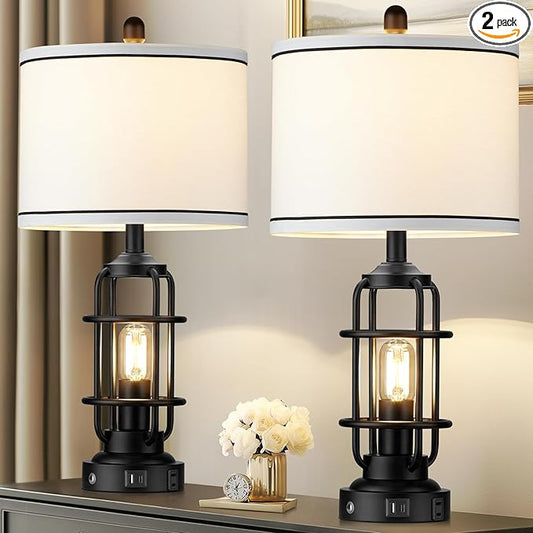 Modern Table Lamps, Industrial 3-Way Dimmable Bedside Lamp with USB A+C Ports & AC Outlet, Touch Control Rustic Nightstand Lamp LED Night Light for Living Room Bedroom Decor Home(4 Bulbs Included)