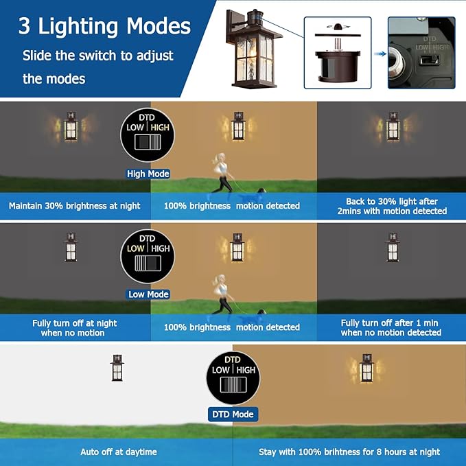 2 Pack Motion Sensor Outdoor Wall Lights Dusk to Dawn Exterior Porch Lantern Brown Outside Sconce Lighting Fixtures Rustic Farmhouse Wall Mount Carriage Lamp for House Garage Patio