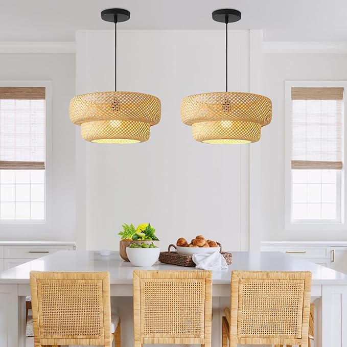 Bamboo Pendant Light, 18inch Hand-Woven Wicker Rattan Bamboo Chandelier, 2-Tier Beige Boho Rustic Island Dining Ceiling Hanging Light for Living Room, Kitchen, Farmhouse, Bedroom