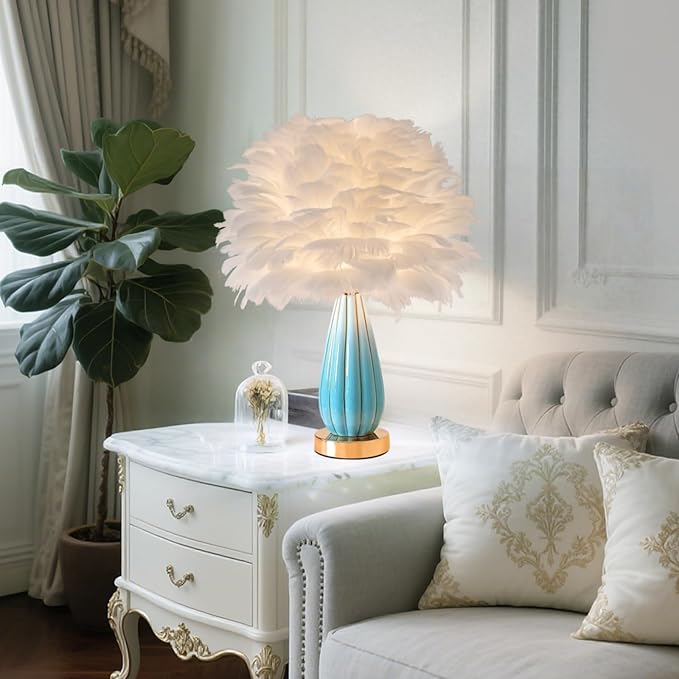 Chic White Feather Lamp Creative Feather Bedside Lamp Princess Nightstand Table Lamp Deco Romantic Atmosphere Desk Light for Cute Girl Bedroom Wedding Gift Living Room Hotel Ceramic Body