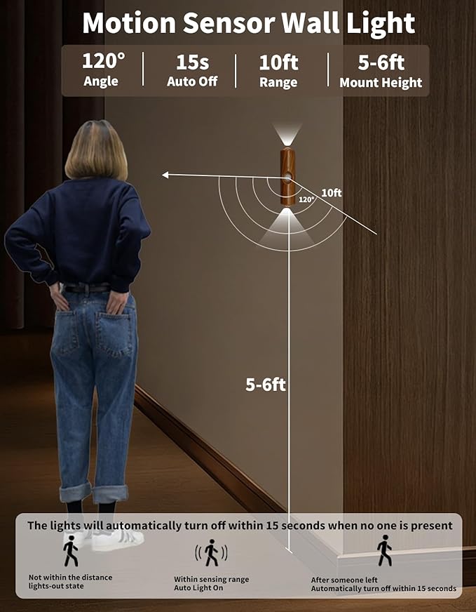 Motion Sensor Wall Lamp, Motion Sensor Light Indoor, Smart Night Light, Rechargeable Sensor Bathroom Light, Magnetic Mount lamp for Bedroom, Bathroom, Courtyard, Livingroom (Walnut -7 Color)