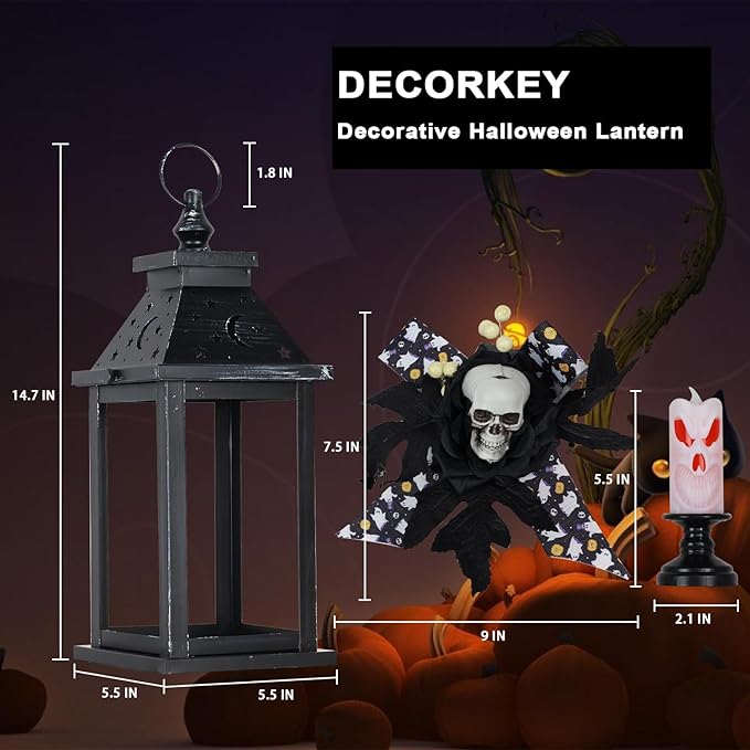 DECORKEY Halloween Decorations Indoor, 14.7" Decorative Candle Lantern with Skull Ornaments & LED Candle, Metal Hanging Spooky Halloween Lanterns for Outdoor Home Room Door Table Porch Party Decor