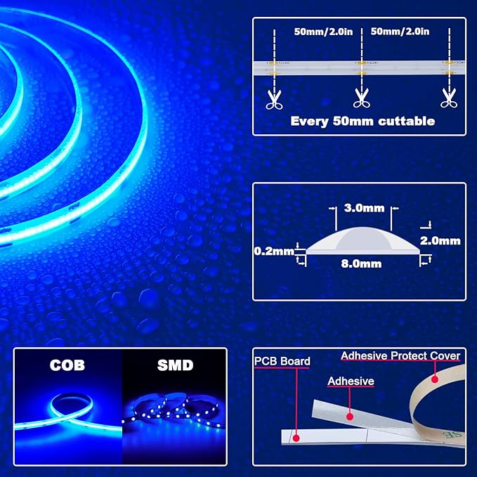 TOPAI 24V COB LED Strip Light Blue Waterproof IP65 16.4ft/5M Dotless 480LED/M 2400LEDs Cuttable Flexible LED Tape Light for Cabinet Home DIY Lighting Projects