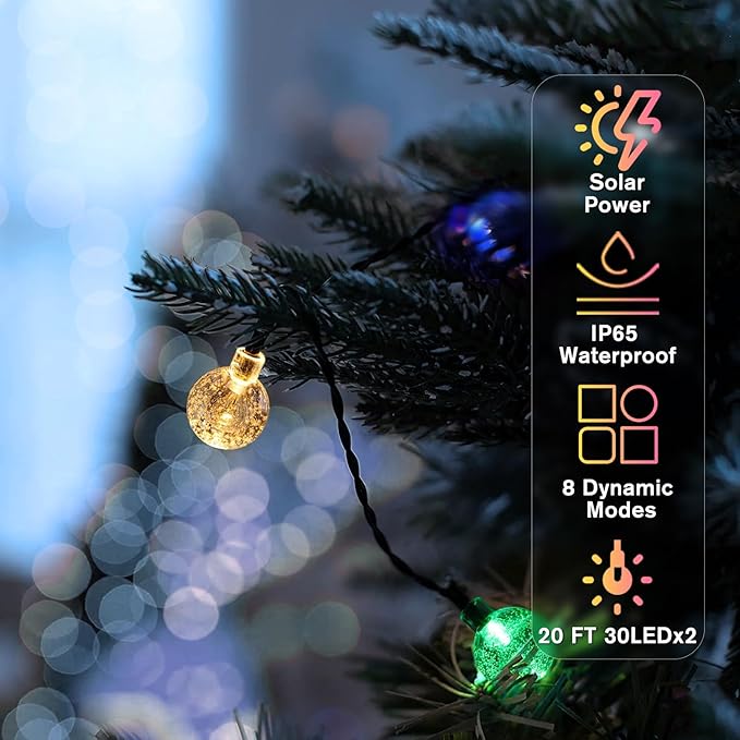Metaku 2 Pack Solar String Lights for Outside, Total 40FT 60 LED Crystal Globe String Lights, Solar Powered Outdoor Lights with 8 Lighting Modes, Patio Light for Garden, Camping and Party Multicolor