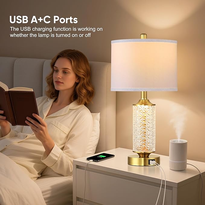 QiMH Set of 2 Table Lamps with USB A+C Ports, Modern Bedside Lamp with LED Night Light, Bedside Lamp for Bedroom, Nightstand Lamps for Living Room Office (Gold)(2 Bulbs Include)