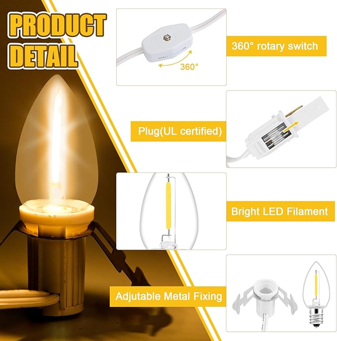 2Pack Accessory Cord with 12 LED Light Bulbs and Outlet Christmas Village Light 11.6FT White Cord with Spare Fuse Warm White C7 Lamp for Halloween Pumpkins Christmas Village Houses Craft Decoration