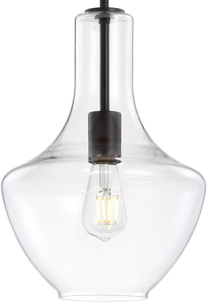 JONATHAN Y JYL6400B Watts 10.5" Glass/Metal LED Pendant Farmhouse Contemporary Dimmable Dining Room Living Room Kitchen Foyer Bedroom Hallway, Oil Rubbed Bronze/Clear