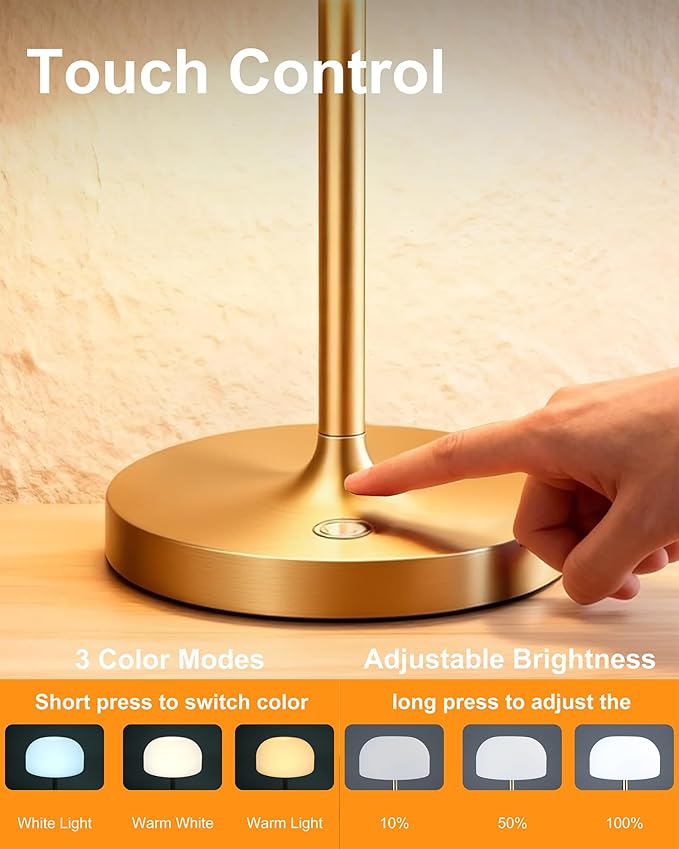 VoMii Mushroom Lamp, 9” Cordless Table Lamp Waterproof Shower Lamps with 4000mAh Battery Rechargeable & 3 Color Temperatures, Dimmable LED Night Light for Bathroom, Bedroom & Home Decor - Brass