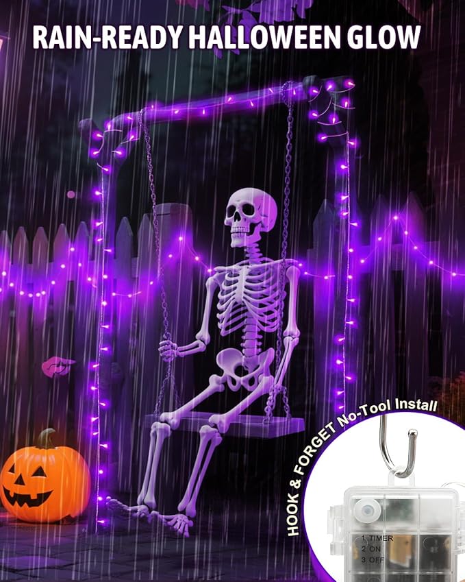 Halloween String Lights Battery Operated, Purple Fairy Lights with Timer Waterproof 16.4ft 50 LED Halloween Decorations for Outdoor Indoor Patio Party Garden Yard Decor 2 Packs