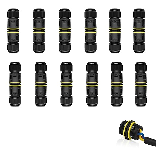 Waterproof Electrical Cable Connector,NineLeaf 12PK 3-PIN M20 Extension Electrical Cable Protector for Cable Diameter Ø5-12mm,Outdoor Power Cable Connector Joint for Garden,Water Pond Lights, Black