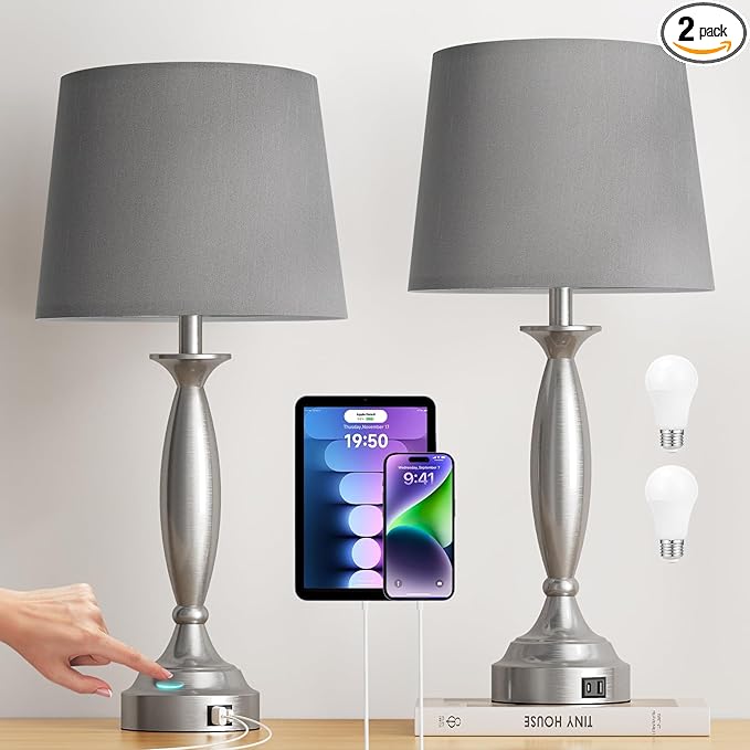 25.5" Lamps for Bedrooms Set of 2 - Touch Bedside Lamp with USB C+A, 3 Way Dimmable Nightstand Lamps with USB Port, Brushed Nickel Table Lamp for Living Room Bed Side End Table（bulbs included）