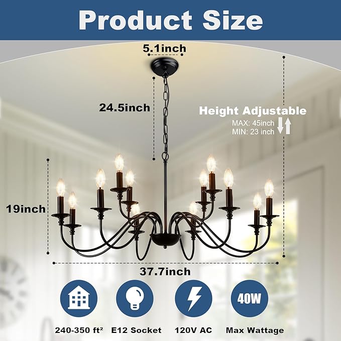 Depuley Farmhouse Chandelier for Dining Room: Antique 12-Light Candle Chandelier Industrial Hanging Ceiling Light Fixture for Kitchen - Black Rustic Vintage Iron Chandeliers for Living Room