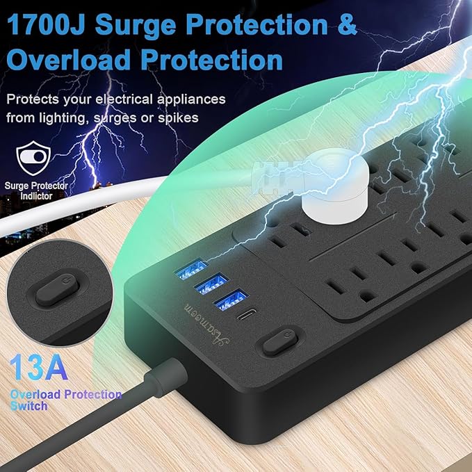 6 FT Power Strips with Surge Protection 1625W/13A, 10 Outlets with 4 USB Ports (1 USB C) Long Extension Cord with Multiple Outlets 14-in-1 Flat Plug Power Strip Protector 1700J 16Awg Black ETL Listed