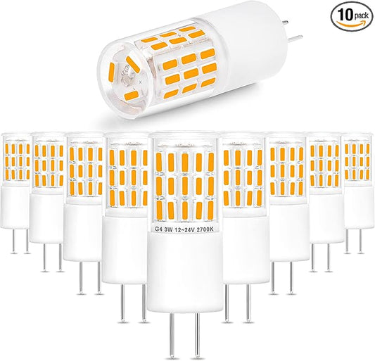 G4 3W LED Landscape Light Bulbs 12V-24V Warm White 2700K,G4 20 Watt 25W 30W T3 Halogen Replacement,Low Voltage T3 JC Bi-pin Bulb for RV Boat Yacht Courtyard Path,No Flicker,330 LM(10Pack)