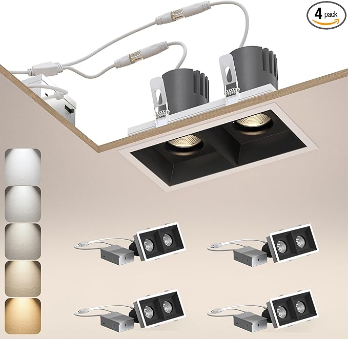 LED Square Recessed Lighting 4 Pack, 20W Adjustable Downlight, Aluminum Recessed Ceiling Light with junction Box, 5 CCT 2700K-6000K, TRIAC Dimming Rotation Spotlight for Living Room Bedroom Hallway