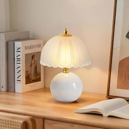 PARTPHONER Mushroom Table Lamp, Ceramic Bedside Lamp with Glass Shade, 3-Way Lighting (2700K-5000K) Rocker Switch, Small Nightstand Lamp for Bedroom, Living Room, Office, White