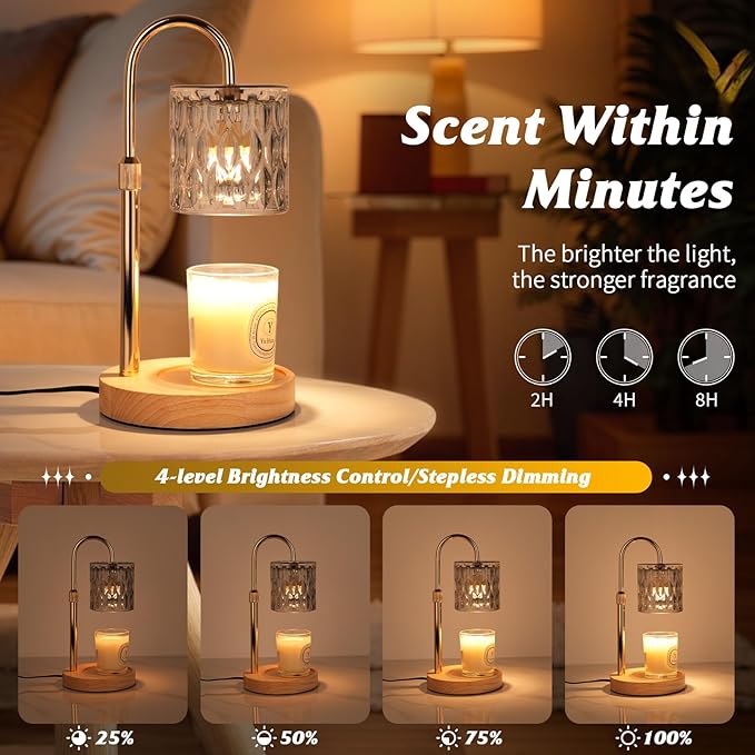 Candle Warmer Lamp with Timer and Dimmer, Height and Brightness Adjustable,Glass Electric Wax Warmer with 2 Bulbs for Women Mom Gifts, Home Decor for Scented Jar Candles (Grey)