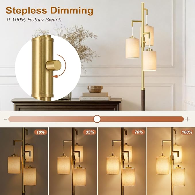 70" Dimmable Floor Lamp Wood Floor Lamps for Living Room Bedroom Mid Century Modern Floor Lamp Gold Standing Lamp Tall Lamps for Office Nursery Reading Elegant Stand Up Lamp, 3 Bulbs Included