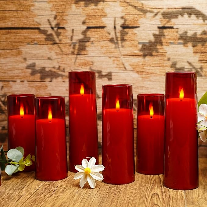 Flickering Flameless Candles Battery Operated with Remote and 2/4/6/8 H Timer Plexiglass Led Pillar Candles Pack of 9 (D2.3 xH5.5 6.5" 7.5") with Realistic 3D Wick Candles for Home Decor(Red)