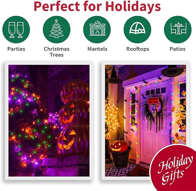 LAMPHOME 66ft Halloween Decorative Mini Lights, 200 LED Brown Wire Fairy Starry String Lights Plug in, 16 Lighting Modes for Halloween Outdoor Party Decoration (Orange/Purple/Green)