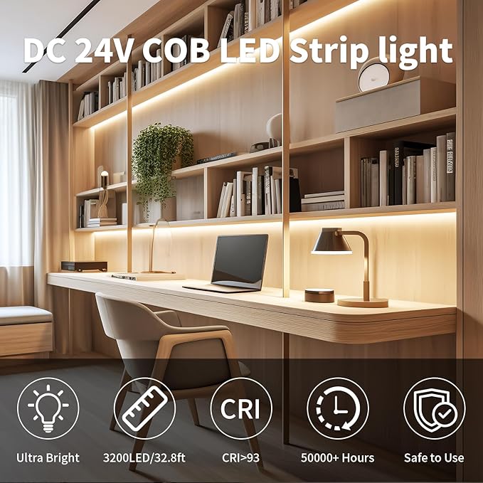 32.8FT/10m COB LED Strip Light, Warm White 3000K LED Tape Lights, 3200LEDS CRI93+ Flexible Dimmable Light Strip for Bedroom TV Backlight Mirror Kitchen Cabinet Wall Decor(with Plug)