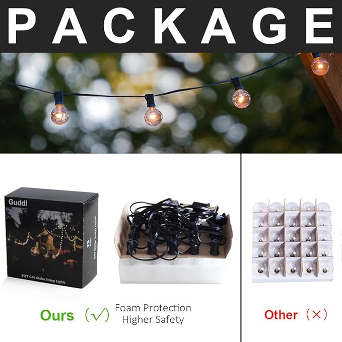 Globe String Lights with 27 Clear G40 Bulbs, Connectable Outdoor /Indoor Lights for Wedding Christmas Camping RV Garden Patio Gazebo Porch Pergola Bistro Backyard Balcony Deck, 25ft Black Wire