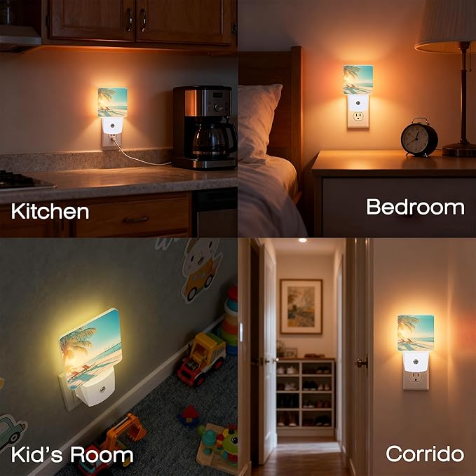 Beach and Sunset Night Light for Kids, Dusk-to-Dawn Auto Sensor Plug in Night Light, 0.5W Energy Saving Non-Toxic Design for Bedroom/Bathroom, Ideal Gifts for Women, Men & Kids