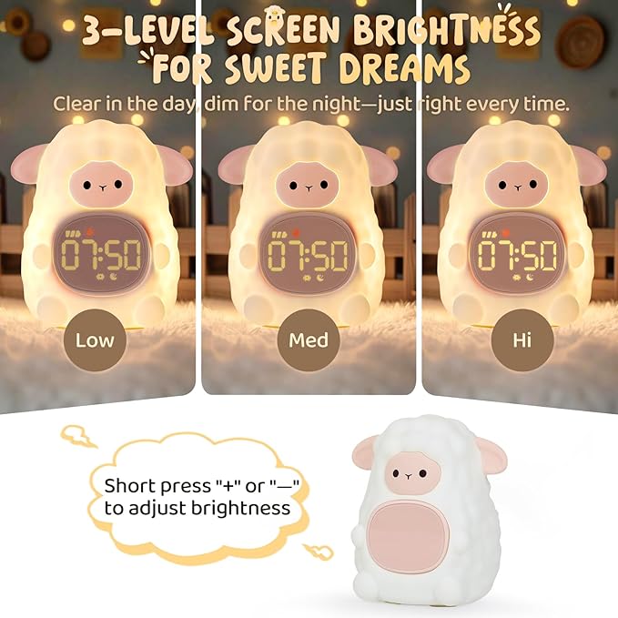 Sheep Alarm Clock with Night Light for Kids with Sleep Training and Sound Machine, Rechargeable Silicone Lamp OK to Wake Clock，Cute Animal Tabletop Lamp, Perfect Sleep Companion for Boys Girls, Pink