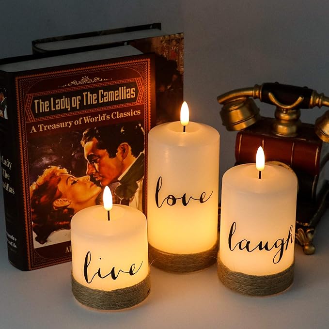 GenSwin Battery Flameless Candles with 10-Key Remote Timer, Real Wax Pillar LED Candles Live Laugh Love, Realistic 3D Wick Flickering Gift (D3 x H4.7 5.7" 6.7", Pack of 3)