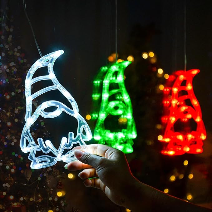 LOLStar Christmas Window Lights 3 Pack Red White and Green Gnomes Xmas Lights with Suction Cups 2025 Upgrade Timer Function and Slowly Fade Mode Battery Operated Indoor Decors Christmas Decorations