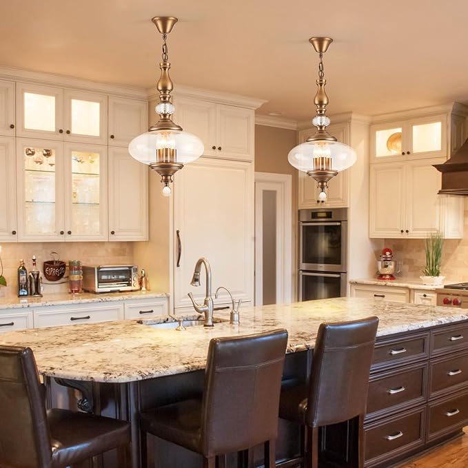 Vintage Kitchen Island Pendant Light Antique Brushed Brass Glass Pendant Light for Kitchens, Dining Rooms Stairs W 11.8 in. H 23.6 in.