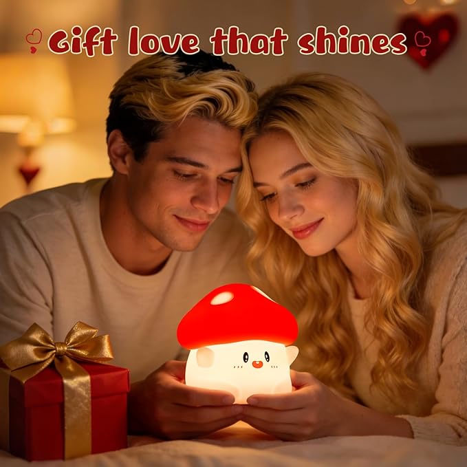 Hug Mushroom Night Light, 50-Hour Battery & Pat Control, Squishy Lamp for Kids Bedroom, Girls, USB Rechargeable with Timer, Easter Gifts