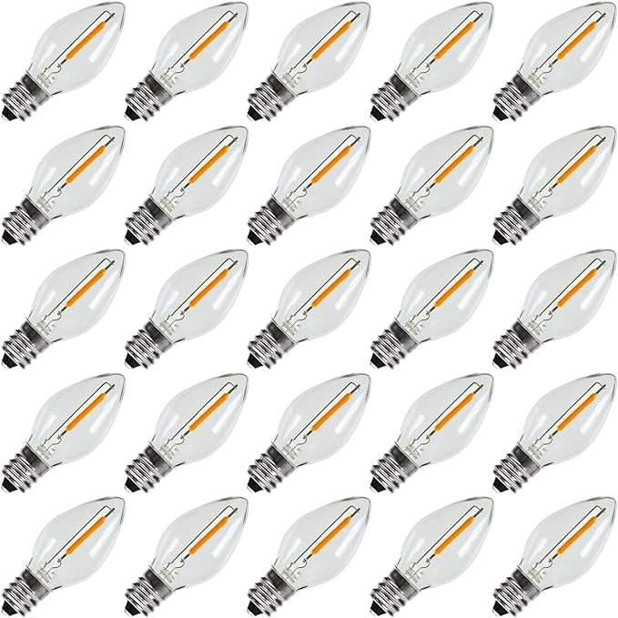KGC C7 Christmas Replacement LED Light Bulbs - 0.6W Equivalent to 7W, Warm White 2200K, Waterproof Clear Plastic Night Light Bulbs, C7 E12 Candelabra Base for Christmas String Light (25 Pack)