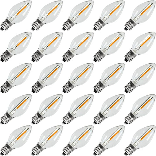 KGC C7 Christmas Replacement LED Light Bulbs - 0.6W Equivalent to 7W, Warm White 2200K, Waterproof Clear Plastic Night Light Bulbs, C7 E12 Candelabra Base for Christmas String Light (25 Pack)