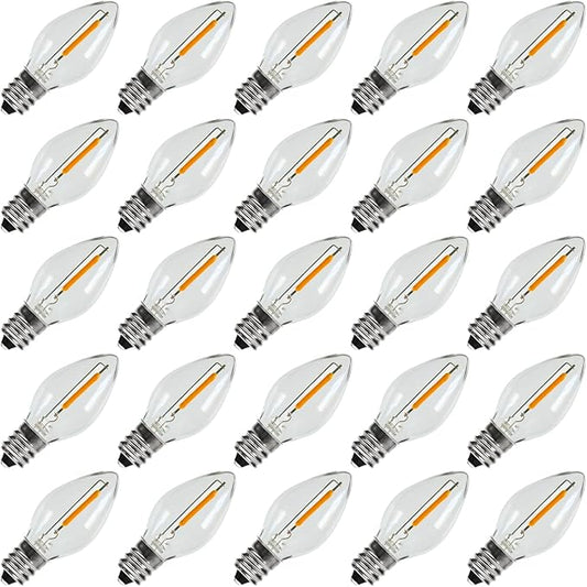 KGC 25Pack C7 LED Christmas Light Bulb, E12 Base LED Bulbs, 0.6W 2200K Warm White 50LM, Clear Plastic Night Lights C7 Replacement Bulbs for Christmas String Lights.