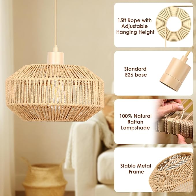 Rattan Pendant Light Plug in - 15ft Hanging Lamp Cord with Switch, Boho Hanging Light Fixture, Handwoven Boho Lamp for Living Room, Bedroom, Kitchen Island, Hallway (3 Brightness Levels)